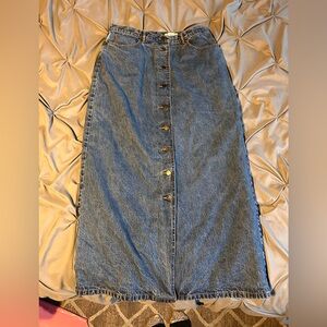 Eddie Bauer Longline Button-Front Flannel Lined Denim Maxi Skirt Size 12 Tall